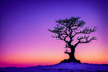 A winter landscape with a lone tree standing in the cold. There is a lot of snow and ice, as well as a pure and colorful sky. The scenery is calming and beautiful at sunset.