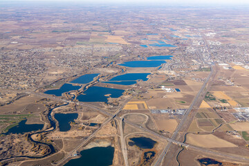 Aerial view of topographical landscapes on the flight over the Denver metro area, Colorado