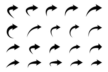 Set of black curved arrows isolated on white.