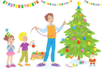 Obraz na płótnie Canvas Father and children decorate a Christmas tree. In cartoon style. Isolated on white background. Vector illustration.