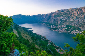 Beautiful view of Boka Kotorska Bay at sunset from Vrmac mountain. Adriatic Sea. Dalmatia. Balkan. Montenegro.