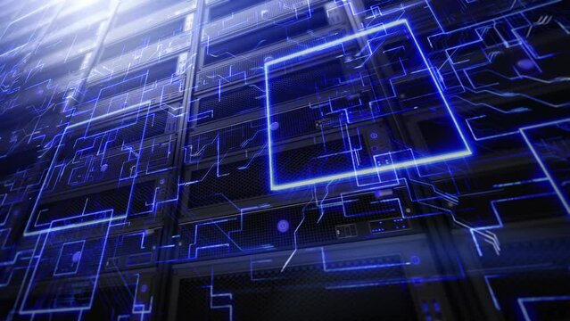 
Futuristic Server Room with Micro Chip Animations. Powerful Servers in Data Center or ISP. Virtual Reality, Simulation, Quantum Super Computing, AI, Neural Networks