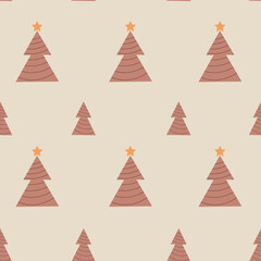 Seamless pattern with christmas trees and stars in boho style. Flat new years trees in beige colors.