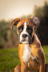 Beautiful Boxer Dog sitting in colorful autumn grass.