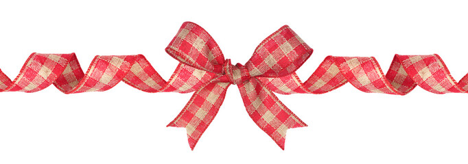 Red and brown gingham plaid Christmas gift bow and ribbon. Long border, curled, isolated on a white...