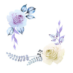 Two corner floral frame of white and blue roses with leaves and herbs isolated on white background. Hand drawn watercolor. Copy space.