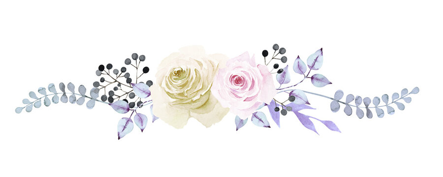 Beautiful floral border with white and pink roses with leaves and colorful herbs isolated on white background. Hand drawn watercolor.