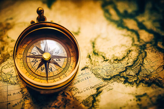 A vintage and antique compass is placed on an antique map, creating a background for design related to the history of objects and the geography of the world.