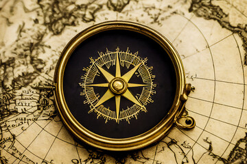 A vintage compass is placed on an antique map, creating a beautiful background for designing objects and maps related to history or geography.