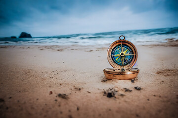 This abandoned compass on the sand beach symbolizes the exploration of sailors all around the world. It suggests a direction for a vacation or a life problem. © XaMaps