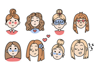 Vector Set of Female Doodle Hand-Drawn Portraits. Cute Young Girls Faces in Line Cartoon Style for Print, Stickers, Elements for Girly Design. Sketch Illustrations Isolated on a White Background.