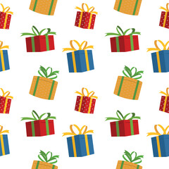 Seamless pattern for Christmas holiday with cute gift boxes. Childish background for fabric, wrapping paper, textile, wallpaper and apparel. Vector Illustration.