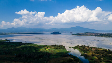 Aerial View from lake in Morelia Michoacan, Lago de Pátzcuaro hacia Janitzio, día de muertos.