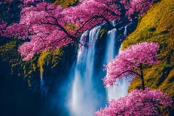 Poetic and asian landscape with a beautiful waterfall with flowering trees like Japanese cherry trees. Zen and romantic atmosphere mixing flowers and aquatic world.