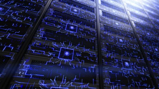 Powerful Servers in Data Center or ISP. Virtual Reality, Simulation, Quantum Super Computing, AI, Neural Networks
Futuristic Server Room with Micro Chip Holographic Animations. Augmented Reality.