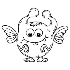 Isolated monster in white with a black outline. Illustration for colouring in. Circular microbe.