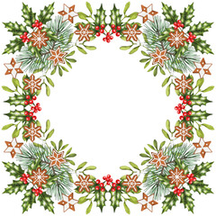 Christmas frame, watercolor christmas card design. Christmas invitation.  Isolated on white.
