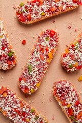 Pizza on a baguette, top view, close-up, no people, fast food, street food,