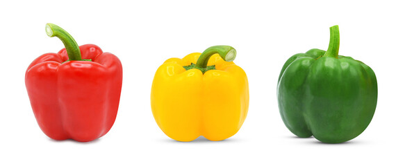 Three red yellow green bell peppers isolated on white background.