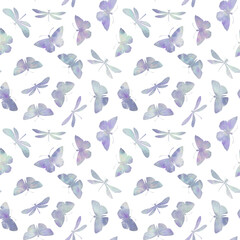Colorful pattern of watercolor butterflies and dragonflies collected for design, wrapping paper, wallpaper, print.