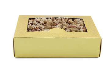 pistachios in a golden cardboard box, pistachios in an unprinted box