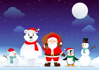 Christmas Background Design Vector. Santa Claus, Penguin, Polar Bear, Snowman Cartoon Characters