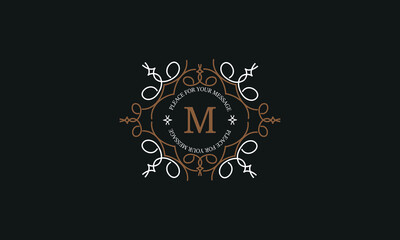 Modern vector logo with letter M. Luxurious elegant ornament. Design examples for cafes, hotels, jewelry, fashion, restaurant