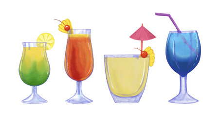 A collection of tropical cocktails. A set of drinks in bright colors. Hand-drawn