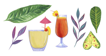 A set of tropical leaves and cocktails. Tropical collection. Hand-drawn