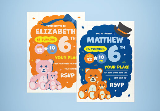 Orange Flat Design Birthday Invitation Boy & Girl Layout