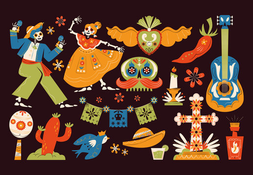 Yellow Hand Drawn Dia De Los Muertos Asset Illustration