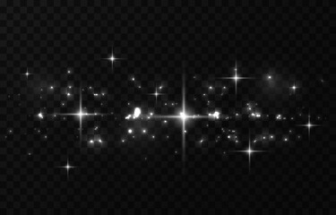 Dust white. White sparks and white stars shine with special light. Vector sparkles on a transparent background. Christmas abstract pattern. Sparkling magical dust particles.