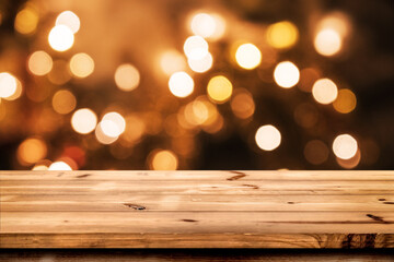 Empty wooden table for product placement or montage with focus to the table top blurred bokeh background, suitable for montage product