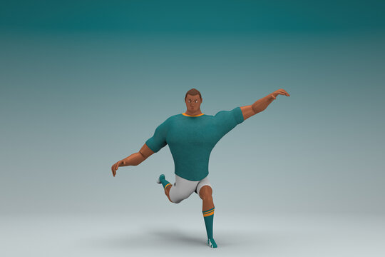 An athlete wearing a green shirt and white pants.  He is doing exercise. 3d rendering of cartoon character in acting.
