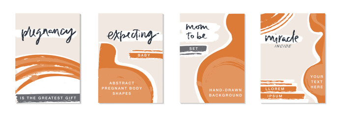 Pregnancy poster set with abstract pregnant woman body shapes, expecting baby positive quotes and sample text. Trendy modern vector banner background design for group prenatal care, doctor or midwife. - obrazy, fototapety, plakaty
