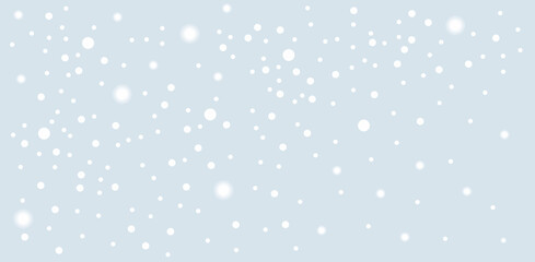 Illustration of falling white snow isolated on light gray blue background. Background for postcards, invitations for the New Year holidays and Christmas.