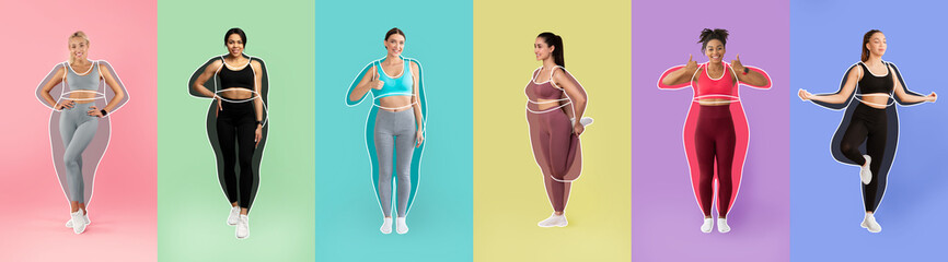 Smiling different slim young women athletes in sportswear, overweight ladies drawn around, doing...