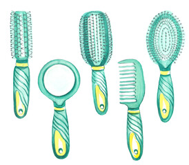 Watercolor set with barber and hairdressing tools. Transparent layer.