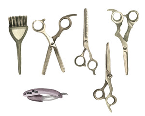 Watercolor set with barber and hairdressing tools. Transparent layer.
