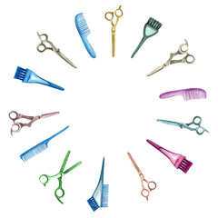Watercolor wreath with barber and hairdressing tools. Transparent layer.