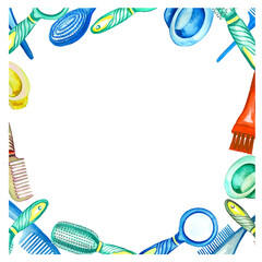 Watercolor frame with barber and hairdressing tools. Transparent layer.