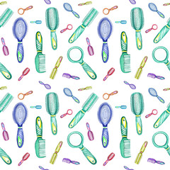 Watercolor seamless pattern with barber and hairdressing tools. Transparent layer.