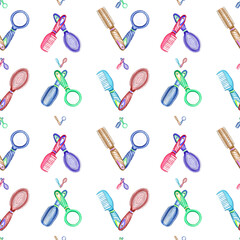 Watercolor seamless pattern with barber and hairdressing tools. Transparent layer.