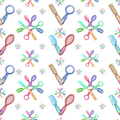 Watercolor seamless pattern with barber and hairdressing tools. Transparent layer.