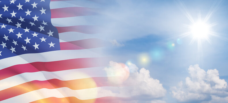 United States of America flag on blue sky background. Independence day, Memorial day, Veterans day. Banner.