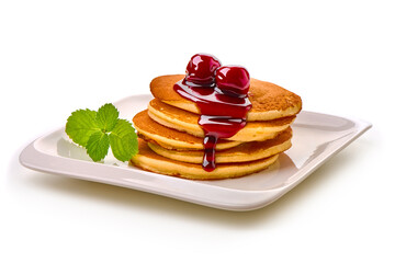 Homemade American pancakes with syrup. Healthy morning breakfast.