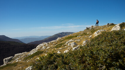Hiker on the top of Orsello mountain, Campo Felice, L'Aquila, Abruzzo, Italy