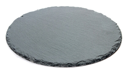 black slate round board for serving cheese and snacks on a white background