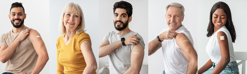 Collection of happy multicultural people showing adhesive bands on shoulders