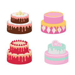Big set of cakes, pastries, muffins and donuts. Vector illustrations of sweets isolated on white background.